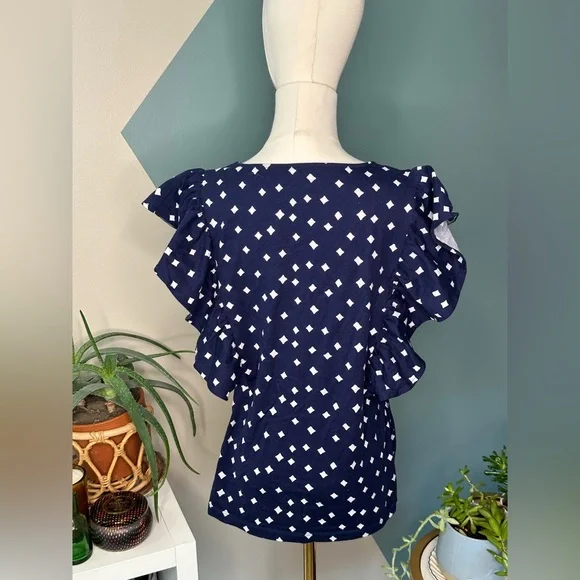 Vineyard Vines Ruffle Sleeve Cotton Top Navy White Dot Print Size M - Picture 5 of 11